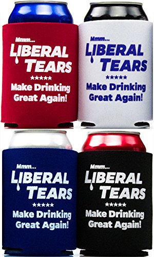 Republican Supporting Liberal Tears Drink Insulators 4 Pack in Black, Red, White, and Blue. Perfect American Patriotic Gift for Dad, Husband and Conservatives. Collapsible Coolers for 12oz - 16oz cans