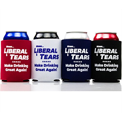 Republican Supporting Liberal Tears Drink Insulators 4 Pack in Black, Red, White, and Blue. Perfect American Patriotic Gift for Dad, Husband and Conservatives. Collapsible Coolers for 12oz - 16oz cans