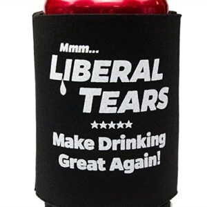 Republican Supporting Liberal Tears Drink Insulators 4 Pack in Black, Red, White, and Blue. Perfect American Patriotic Gift for Dad, Husband and Conservatives. Collapsible Coolers for 12oz - 16oz cans