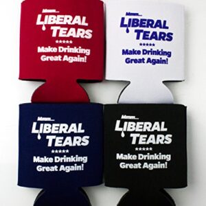 Republican Supporting Liberal Tears Drink Insulators 4 Pack in Black, Red, White, and Blue. Perfect American Patriotic Gift for Dad, Husband and Conservatives. Collapsible Coolers for 12oz - 16oz cans