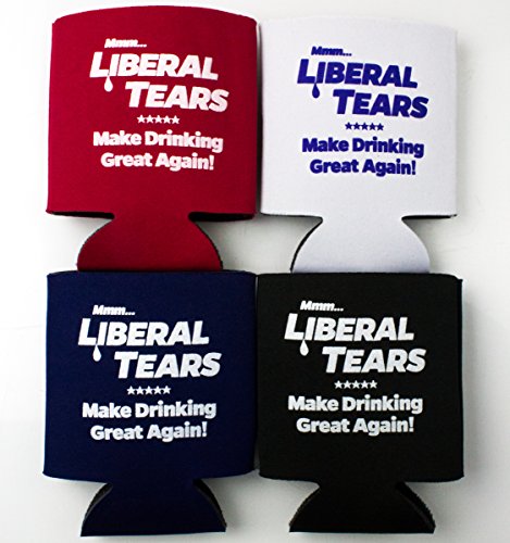 Republican Supporting Liberal Tears Drink Insulators 4 Pack in Black, Red, White, and Blue. Perfect American Patriotic Gift for Dad, Husband and Conservatives. Collapsible Coolers for 12oz - 16oz cans