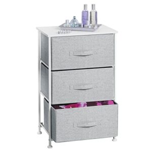 mdesign steel top and frame storage dresser tower unit with 3 removable fabric drawers for bedroom, living room, or bathroom - holds clothes, accessories, lido collection - gray