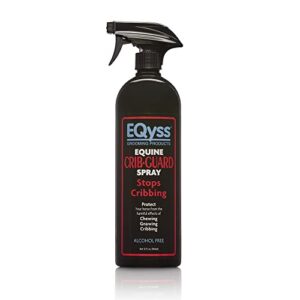 eqyss crib guard equine spray 32oz - guaranteed to stop your horse from chewing and cribbing