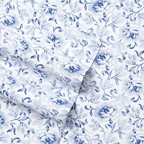 Laura Ashley Home - King Sheets, Soft Sateen Cotton Bedding Set - 4 Pieces, Sleek, Smooth, & Breathable Home Decor (Lorelei Dark Blue, King)