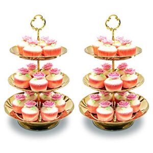 two set of three tier cake stand and fruit plate by imillet -stainless steel stand of golden for cakes desserts fruits candy buffet stand for wedding &home&party serving platter (2 pack) …