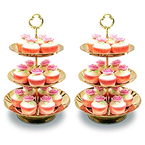 Two Set of Three Tier Cake Stand and Fruit Plate by Imillet -Stainless Steel Stand of Golden for Cakes Desserts Fruits Candy Buffet Stand for Wedding &Home&Party Serving Platter (2 pack) …