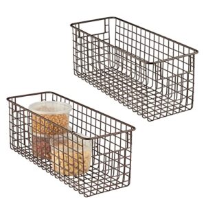 mdesign slim metal wire food storage organizer basket with handles - organization in kitchen cabinets, pantry shelf, bathroom, laundry room, closets, garage, concerto collection, 2 pack, bronze