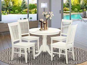 east west furniture antique 5 piece room set includes a round kitchen table with pedestal and 4 dining chairs, 36x36 inch, linen white