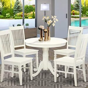 East West Furniture Antique 5 Piece Room Set Includes a Round Kitchen Table with Pedestal and 4 Dining Chairs, 36x36 Inch, Linen White