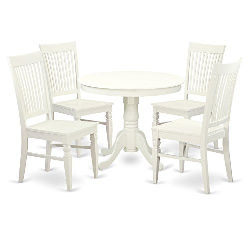 East West Furniture Antique 5 Piece Room Set Includes a Round Kitchen Table with Pedestal and 4 Dining Chairs, 36x36 Inch, Linen White