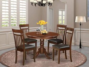 east west furniture hlca5-mah-lc 5 piece modern dining table set includes a round wooden table with pedestal and 4 faux leather kitchen dining chairs, 42x42 inch, mahogany