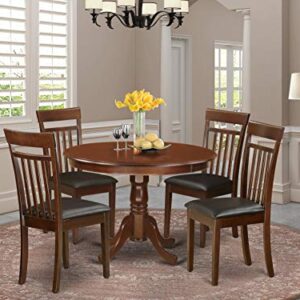 East West Furniture HLCA5-MAH-LC 5 Piece Modern Dining Table Set Includes a Round Wooden Table with Pedestal and 4 Faux Leather Kitchen Dining Chairs, 42x42 Inch, Mahogany