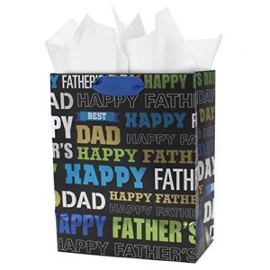 hallmark 9" medium father's day gift bag with tissue paper (black, green, blue, gold) "best dad" "happy father's day"