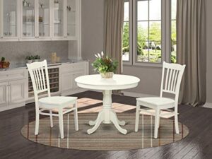east west furniture angr3-lwh-w 3 piece kitchen table & chairs set contains a round dining room table with pedestal and 2 solid wood seat chairs, linen white