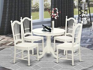 east west furniture antique 5 piece room furniture set includes a round kitchen table with pedestal and 4 dining chairs, linen white
