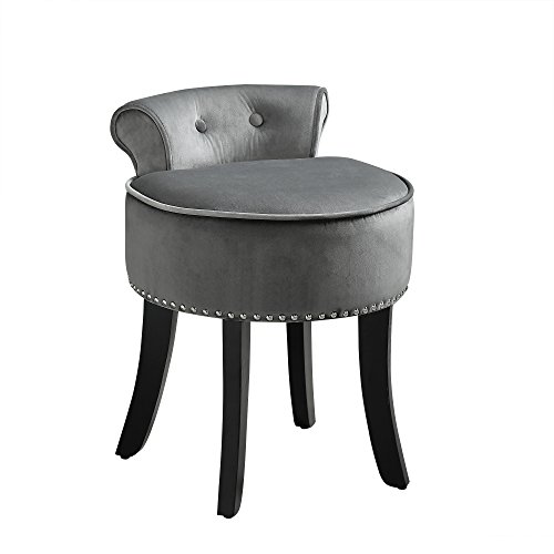 Inspired Home Taylor Velvet Contemporary Nail Head Trim Rolled Back Vanity Stool, Light Grey