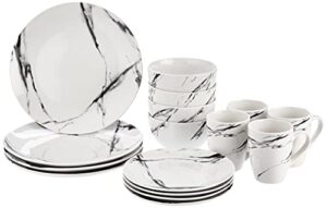 american atelier marble black coup casual round porcelain dinnerware set-16 piece party collection w/ 4 dinner salad plates, 4 bowls & 4 mugs, 10.5", white