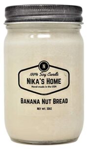 nika's home banana nut bread soy candle 12oz mason jar non-toxic white soy handmade long burning 50-60 hours highly scented all natural, clean burning candle gift décor