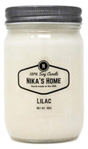 nika's home lilac soy candle 12oz mason jar non-toxic white soy candle-hand poured candle- handmade, long burning 50-60 hours highly scented all natural, clean burning large candle gift décor