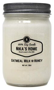 nika's home oatmeal milk-n-honey soy candle 12oz mason jar non-toxic white soy candle-hand poured handmade, long burning 50-60 hours highly scented all natural, clean burning candle gift décor