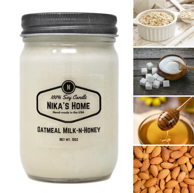 Nika's Home Oatmeal Milk-n-Honey Soy Candle 12oz Mason Jar Non-Toxic White Soy Candle-Hand Poured Handmade, Long Burning 50-60 Hours Highly Scented All Natural, Clean Burning Candle Gift Décor