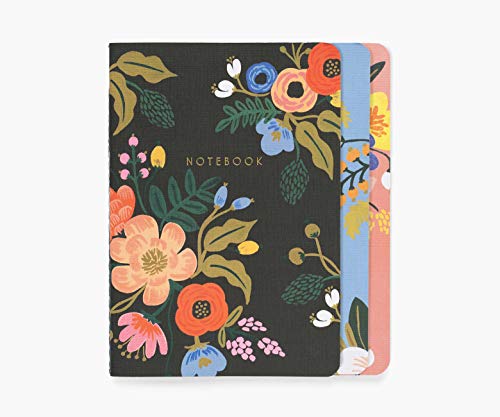 RIFLE PAPER CO. Lively Floral Stitched Notebook Set, Set Of 3 Notebooks, 64 Ruled Pages With Gold Ink, Canvas Paper Cover With White Text Paper Interior