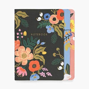 RIFLE PAPER CO. Lively Floral Stitched Notebook Set, Set Of 3 Notebooks, 64 Ruled Pages With Gold Ink, Canvas Paper Cover With White Text Paper Interior