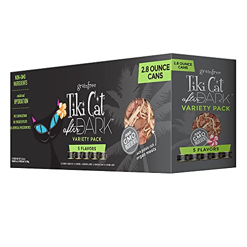 Tiki Cat After Dark, Variety Pack, High-Protein and 100% Non-GMO Ingredients, Wet Cat Food for Adult Cats, 2.8 oz. Cans (Pack of 12)