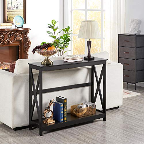 Yaheetech Console Table for Entryway, 2 Tier Entryway Table Bookshelf Accent Table w/Storage Shelf Living Room Entry Hall Foyer Table Furniture, Black,X-Design