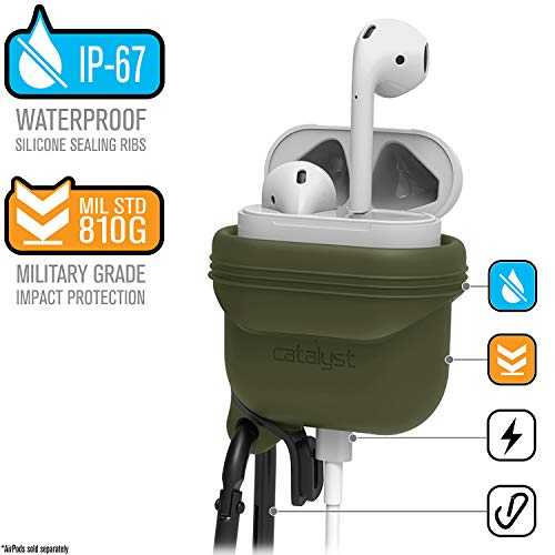 Waterproof Airpods Case 2 & 1 Cover by Catalyst, Shockproof and Drop Proof air pods Protective Cover Soft Skin, Carabiner, Silicone Sealing, Compatible Wireless Charging - Army Green