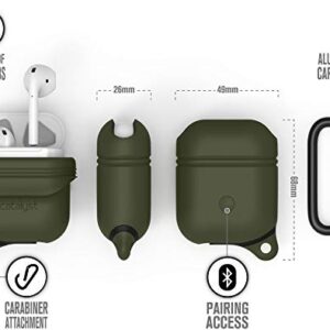 Waterproof Airpods Case 2 & 1 Cover by Catalyst, Shockproof and Drop Proof air pods Protective Cover Soft Skin, Carabiner, Silicone Sealing, Compatible Wireless Charging - Army Green