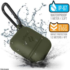 Waterproof Airpods Case 2 & 1 Cover by Catalyst, Shockproof and Drop Proof air pods Protective Cover Soft Skin, Carabiner, Silicone Sealing, Compatible Wireless Charging - Army Green