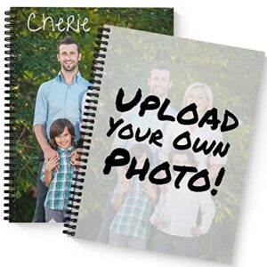 create your own photo upload personalized notebook/journal, laminated soft cover, 120 pages of your selected paper, lay flat wire-o spiral. size: 8.5” x 11”. made in the usa