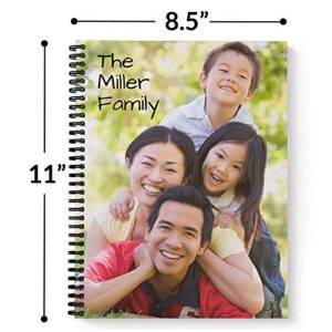 Create Your Own Photo Upload Personalized Notebook/Journal, Laminated Soft Cover, 120 pages of your selected paper, lay flat wire-o spiral. Size: 8.5” x 11”. Made in the USA