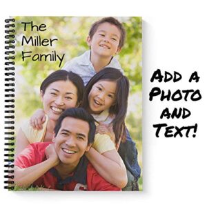 Create Your Own Photo Upload Personalized Notebook/Journal, Laminated Soft Cover, 120 pages of your selected paper, lay flat wire-o spiral. Size: 8.5” x 11”. Made in the USA