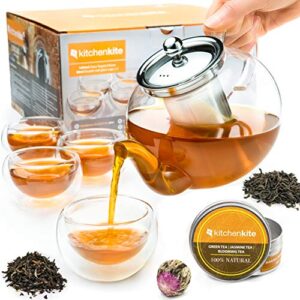 tea kettle infuser stovetop gift set - glass teapot with removable stainless steel strainer, microwave & dishwasher safe, tea pot with blooming, loose leaf tea sampler & 4 double wall cups, tea maker.