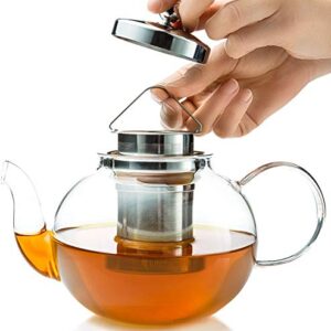 Tea Kettle Infuser Stovetop Gift Set - Glass Teapot with Removable Stainless Steel Strainer, Microwave & Dishwasher Safe, Tea Pot with Blooming, Loose Leaf Tea Sampler & 4 Double Wall Cups, Tea Maker.