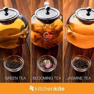 Tea Kettle Infuser Stovetop Gift Set - Glass Teapot with Removable Stainless Steel Strainer, Microwave & Dishwasher Safe, Tea Pot with Blooming, Loose Leaf Tea Sampler & 4 Double Wall Cups, Tea Maker.