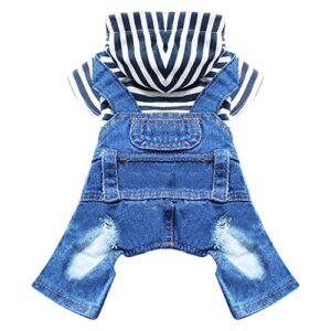doggyzstyle small dog hoodie clothes cute stripe shirts denim jumpsuit one-piece outfit for small medium dogs cats boy girl chihuahua blue jeans overalls puppy costume (blue,xs)