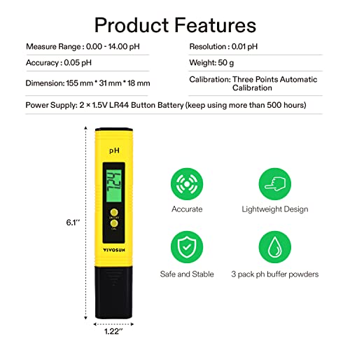 VIVOSUN pH and TDS Meter Combo, 0.05ph High Accuracy Pen Type pH Meter ± 2% Readout Accuracy 3-in-1 TDS EC Temperature Meter for Hydroponics, Household Drinking, and Aquarium, UL Certified