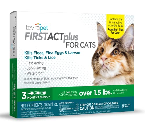 TevraPet FirstAct Plus Flea and Tick Topical for Cats over 1.5lbs, 3 Dose Flea and Tick Prevention. Waterproof Flea and Tick Control for 3 Months