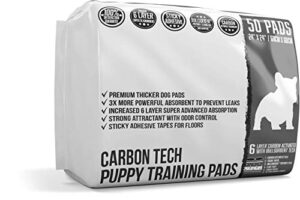 bulldoglogy carbon black puppy pee pads with adhesive sticky tape - large charcoal housebreaking dog training wee pads (24x24) 6 layers with extra quick dry bullsorbent polymer tech (50-count)