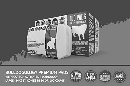 Bulldoglogy Carbon Black Puppy Pee Pads with Adhesive Sticky Tape - Large Charcoal Housebreaking Dog Training Wee Pads (24x24) 6 Layers with Extra Quick Dry Bullsorbent Polymer Tech (50-Count)