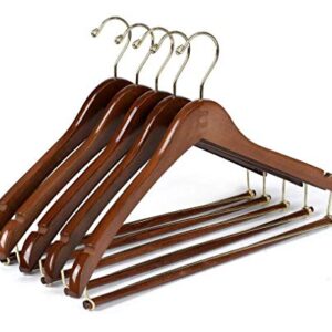 10 Quality Hangers Curved Wooden Hangers Beautiful Sturdy Suit Coat Hangers with Locking Bar Gold Hooks Walnut Finish (10)