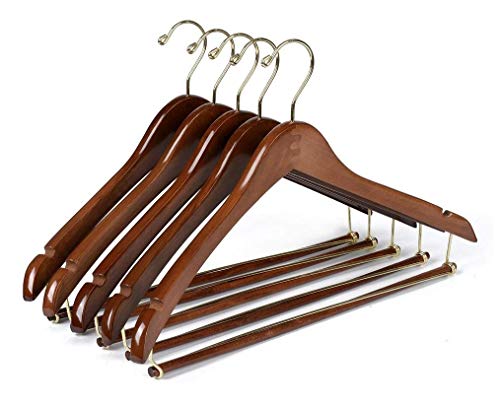 10 Quality Hangers Curved Wooden Hangers Beautiful Sturdy Suit Coat Hangers with Locking Bar Gold Hooks Walnut Finish (10)