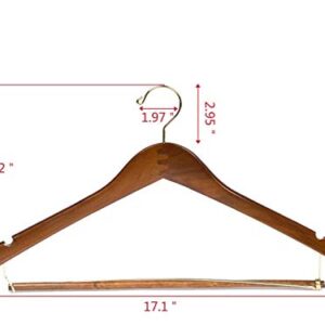 10 Quality Hangers Curved Wooden Hangers Beautiful Sturdy Suit Coat Hangers with Locking Bar Gold Hooks Walnut Finish (10)