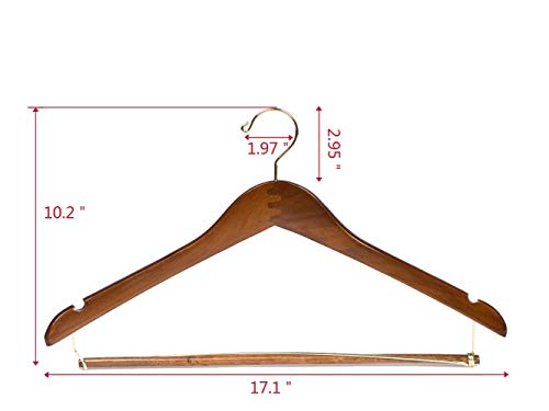 10 Quality Hangers Curved Wooden Hangers Beautiful Sturdy Suit Coat Hangers with Locking Bar Gold Hooks Walnut Finish (10)