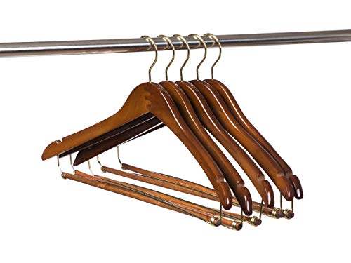 10 Quality Hangers Curved Wooden Hangers Beautiful Sturdy Suit Coat Hangers with Locking Bar Gold Hooks Walnut Finish (10)