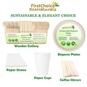 FirstChoice EcoNaturals 300 Count Disposable Wooden Cutlery Set, 100 Forks, 100 Spoons, 100 Knives, Wooden Utensils in Paper Box with Sectional Tray