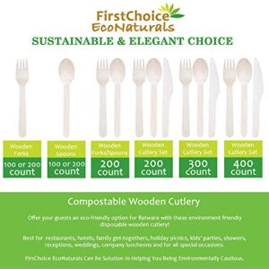 FirstChoice EcoNaturals 300 Count Disposable Wooden Cutlery Set, 100 Forks, 100 Spoons, 100 Knives, Wooden Utensils in Paper Box with Sectional Tray